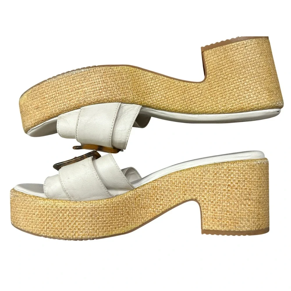 Nordstrom Courtney-Lea White Leather Raffia Platform Buckle Slide Sandals 10M